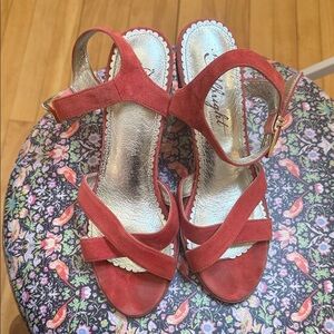 Anthropologie Miss Albright Coral Suede Strappy Sandals w beaded Heels  size 7